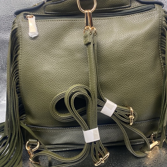 NWT Olive Green Vegan Leather Le Miel Fringe Biker Jacket Crossbody | Backpack - Picture 3 of 5
